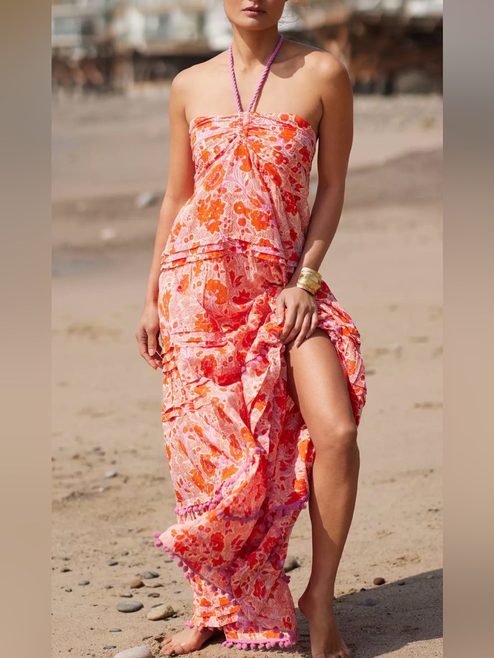 Ro's Garden Anthropologie Denise Halter Maxi Dress Pom Pom Pink Orange Floral M - Picture 4 of 15